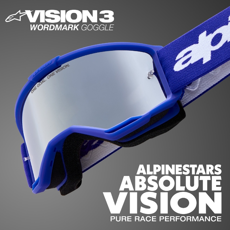 Alpinestars Vision 3 Wordmark motokrossz szemüveg kék, ezüst tükrös plexivel