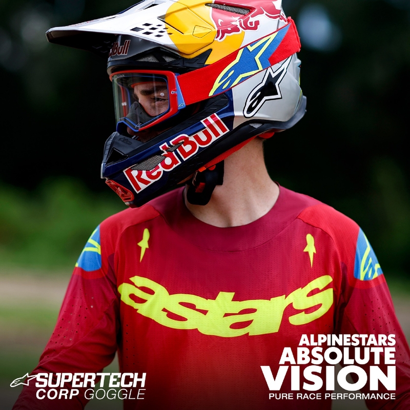 Alpinestars Supertech Corp ROLL-OFF Wide Vision motokrossz szemüveg piros-kék, átlátszó plexivel