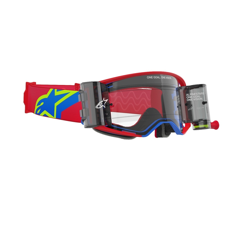 Alpinestars Supertech Corp ROLL-OFF Wide Vision motokrossz szemüveg piros-kék, átlátszó plexivel