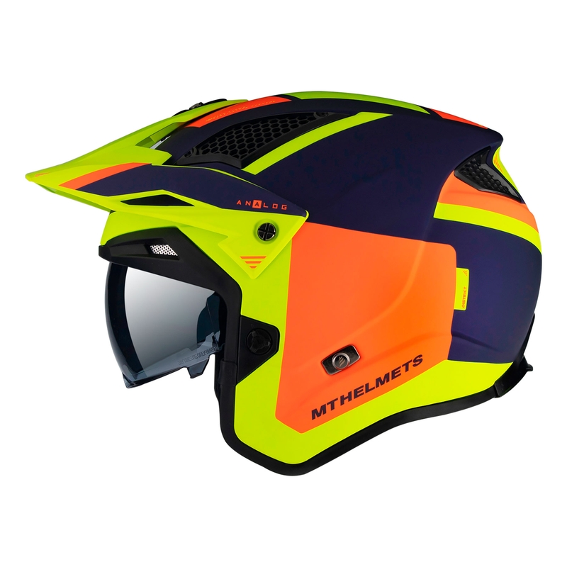 Nyitott motoros triál sisak MT District SV Analog D27 kék-narancs-fluo sárga - II. minőség