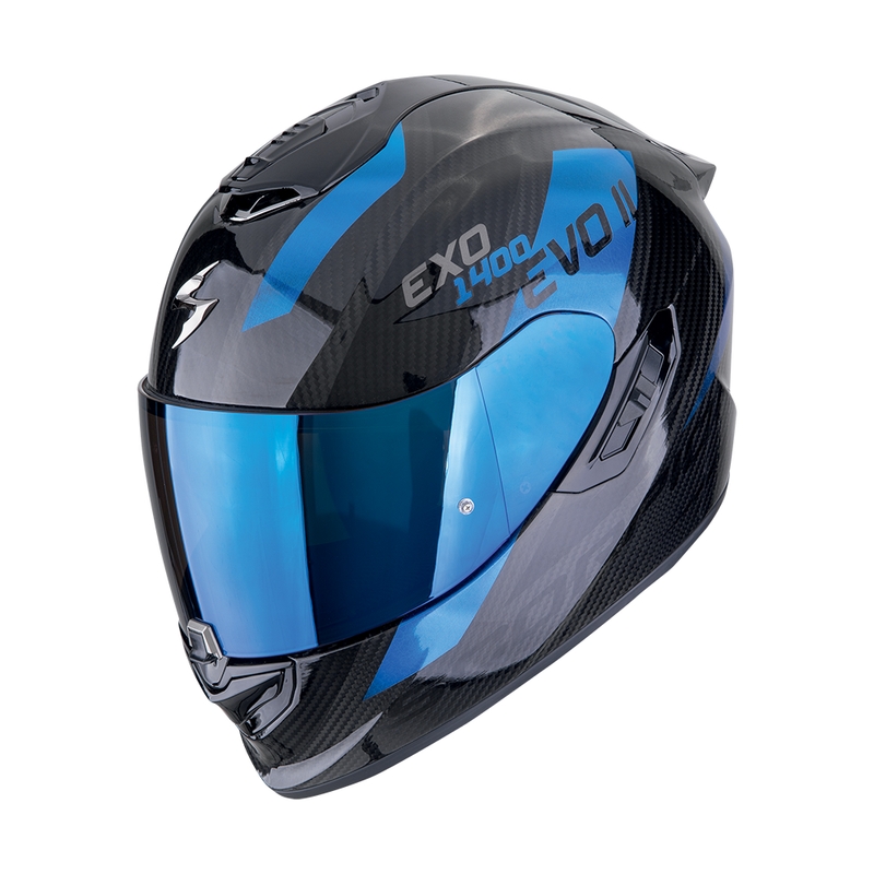 Scorpion EXO-1400 EVO II CARBON AIR PLATTED zárt motoros bukósisak fekete-kék kiárusítás