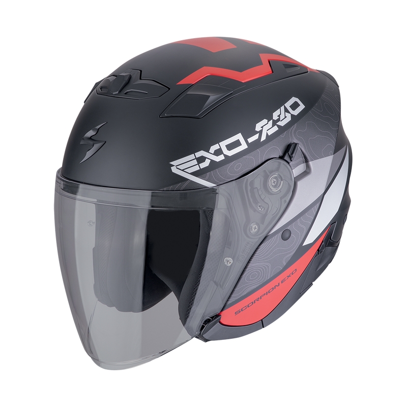 SCORPION EXO-230 BAND nyitott motoros bukósisak matt fekete-piros-ezüst kiárusítás