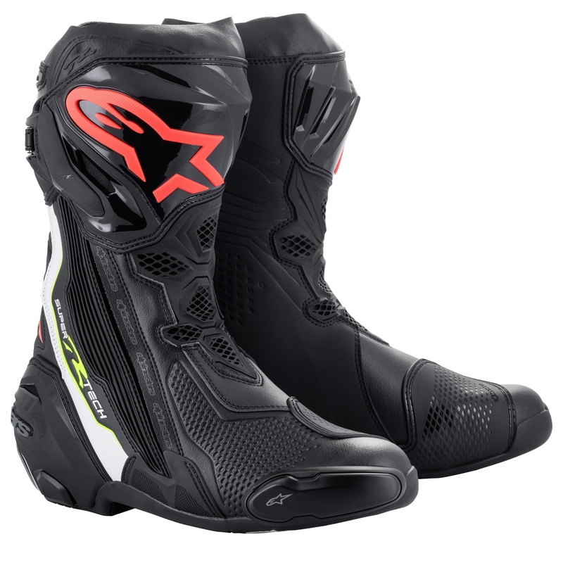 Alpinestars Supertech R motoros csizma fekete-fehér-fluo piros-fluo sárga