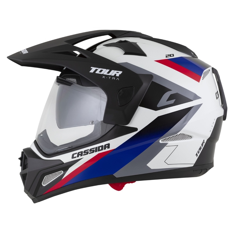 Cassida Tour 2.0 X-tra enduro bukósisak fehér-kék-piros-fekete, matt fekete silddel