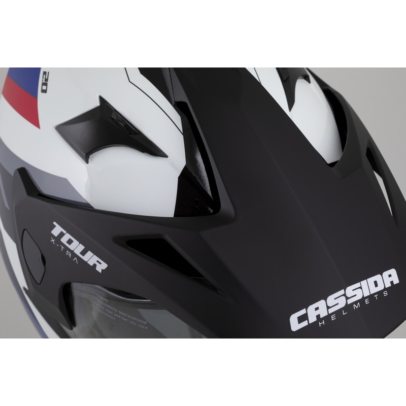 Cassida Tour 2.0 X-tra enduro bukósisak fehér-kék-piros-fekete, matt fekete silddel