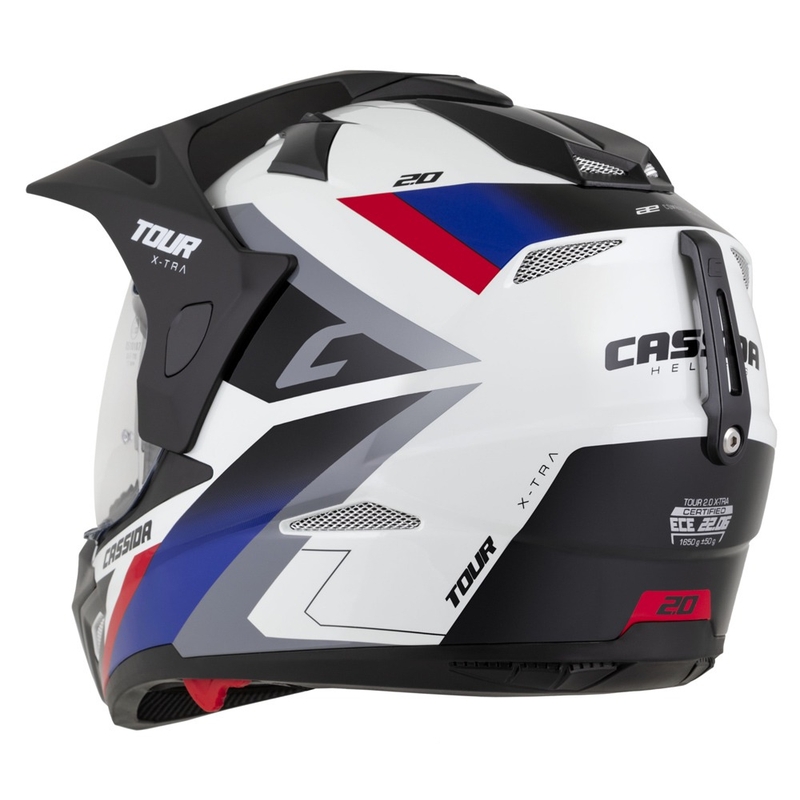 Cassida Tour 2.0 X-tra enduro bukósisak fehér-kék-piros-fekete, matt fekete silddel