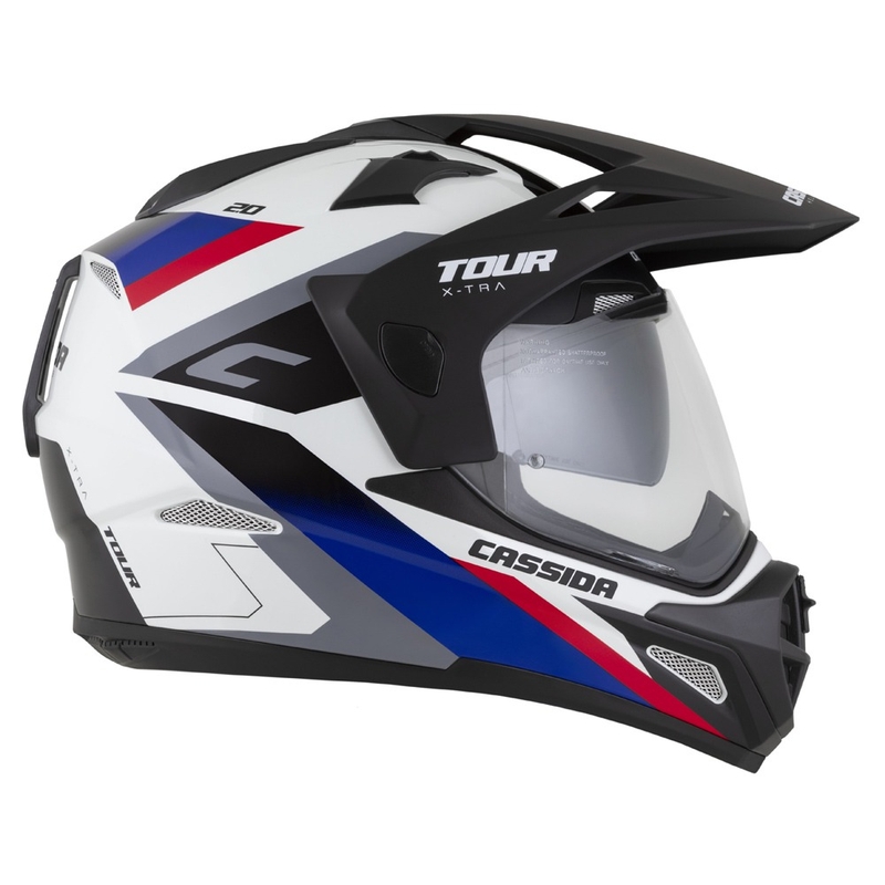 Cassida Tour 2.0 X-tra enduro bukósisak fehér-kék-piros-fekete, matt fekete silddel