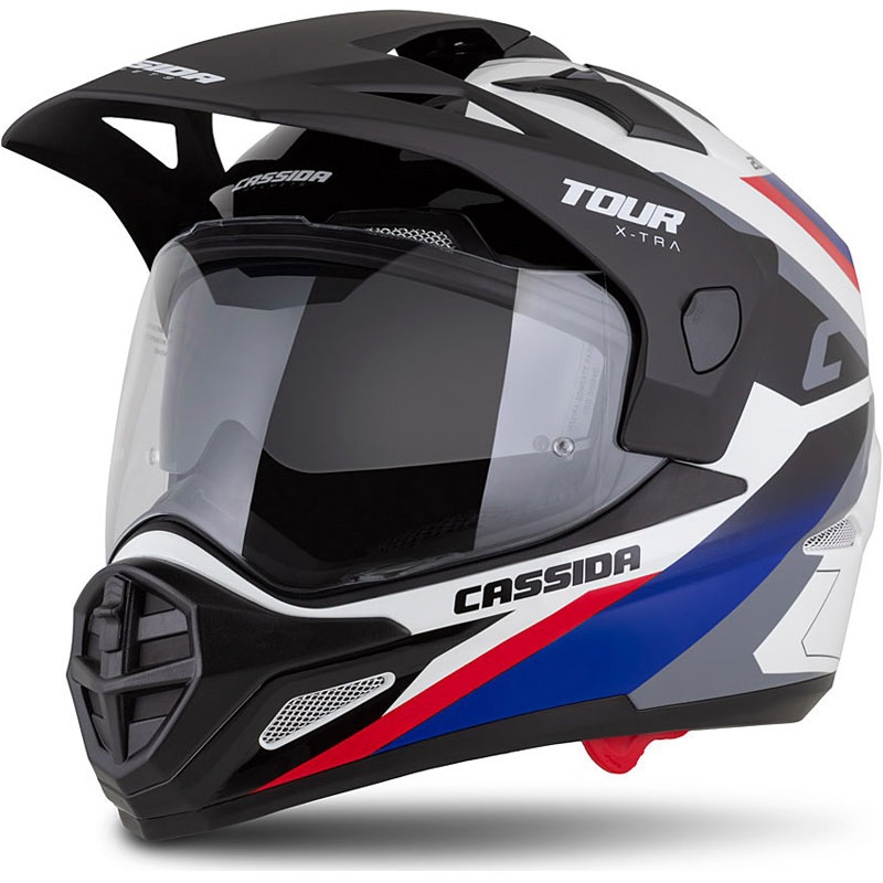 Cassida Tour 2.0 X-tra enduro bukósisak fehér-kék-piros-fekete, matt fekete silddel
