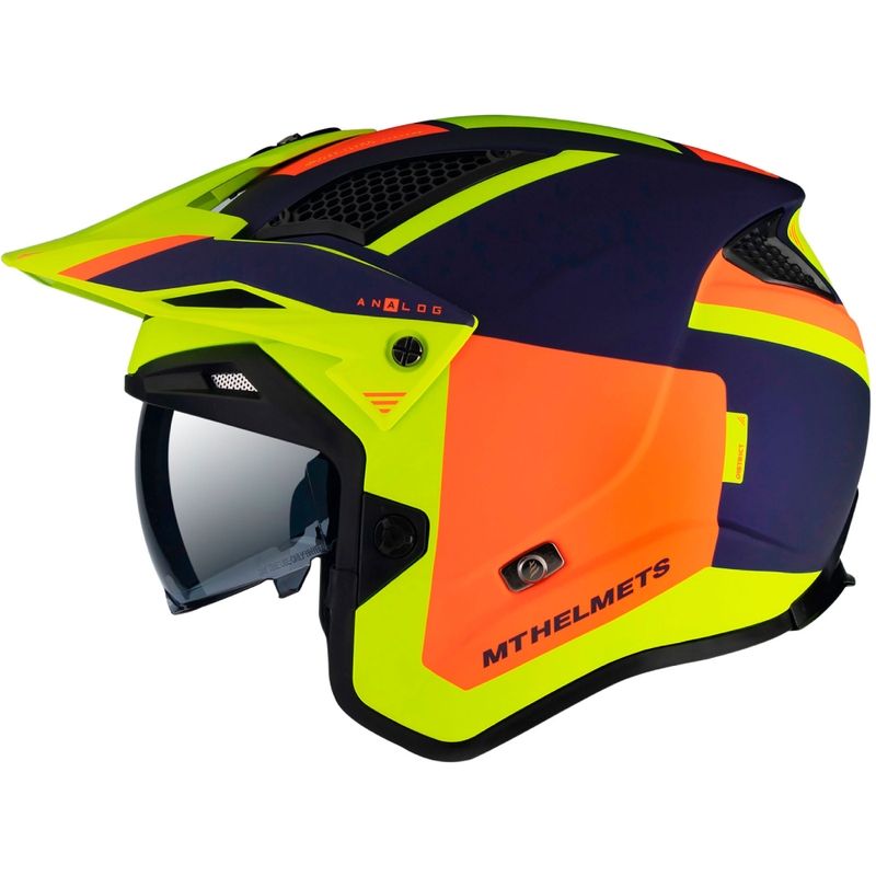 MT District SV Analog D27 nyitott trial bukósisak kék-narancssárga-fluo sárga