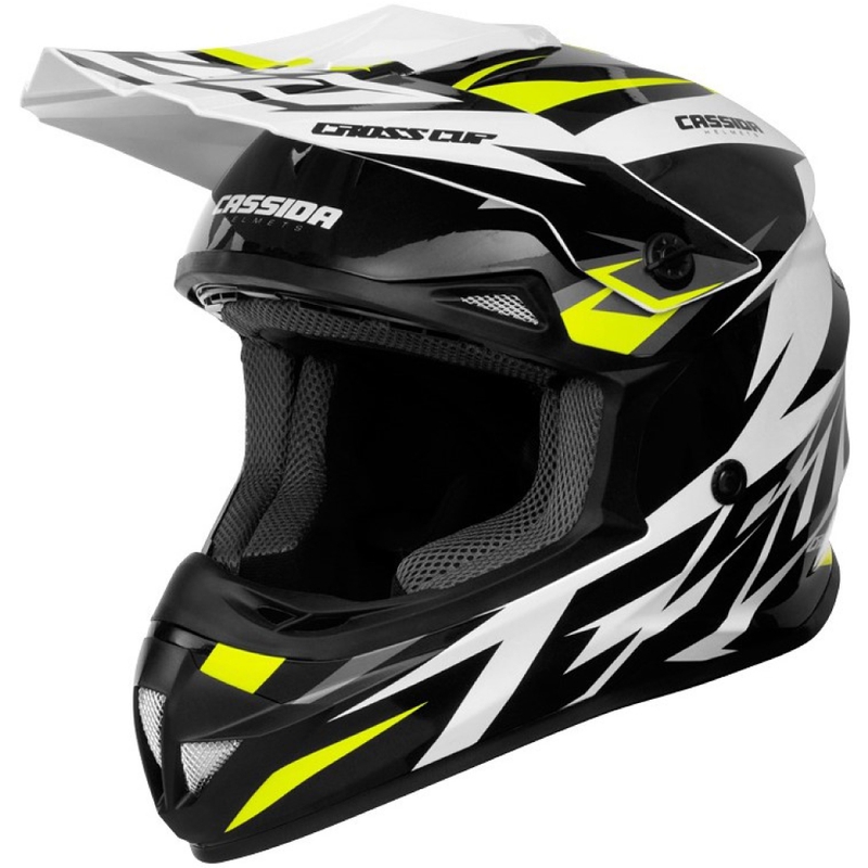 Motocross sisak Cassida Cross Cup Két fekete-fehér-szürke-fluo sárga