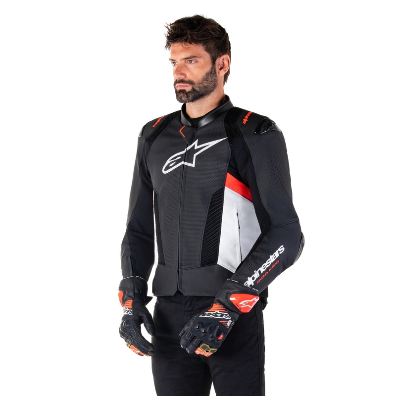 Alpinestars Missile 3 Airflow motorkerékpár bőrkabát fekete-fehér-fluo piros