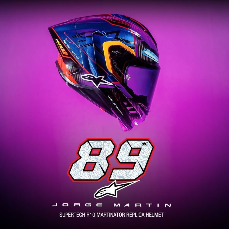 Alpinestars Supertech R-10 limitált kiadású Martinator Jorge Martin zárt motoros bukósisak kék-lila-piros-sárga