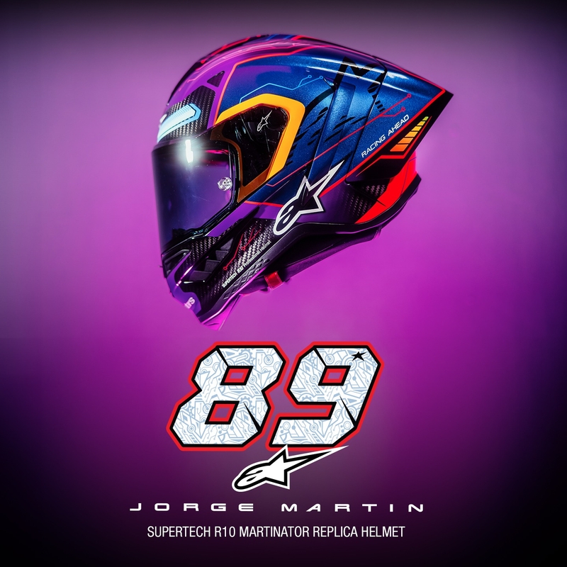 Alpinestars Supertech R-10 limitált kiadású Martinator Jorge Martin zárt motoros bukósisak kék-lila-piros-sárga