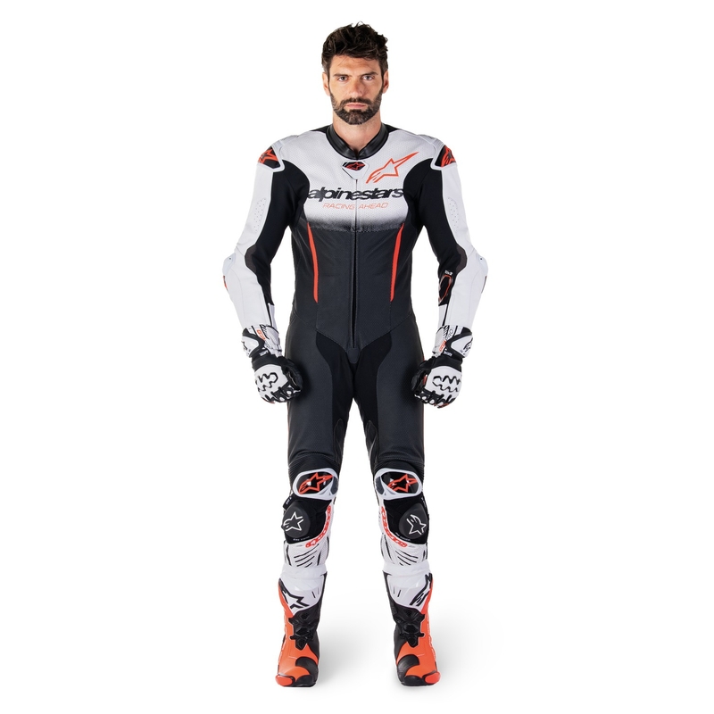 Alpinestars GP-R7 Tech-Air ready/kompatibilis egyrészes bőr motoros overál fehér-fekete-fluo piros