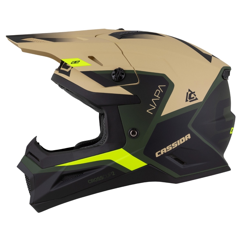 Cassida Cross Cup 2 Napa motokrossz bukósisak matt homokos-zöld-fluo sárga-fekete