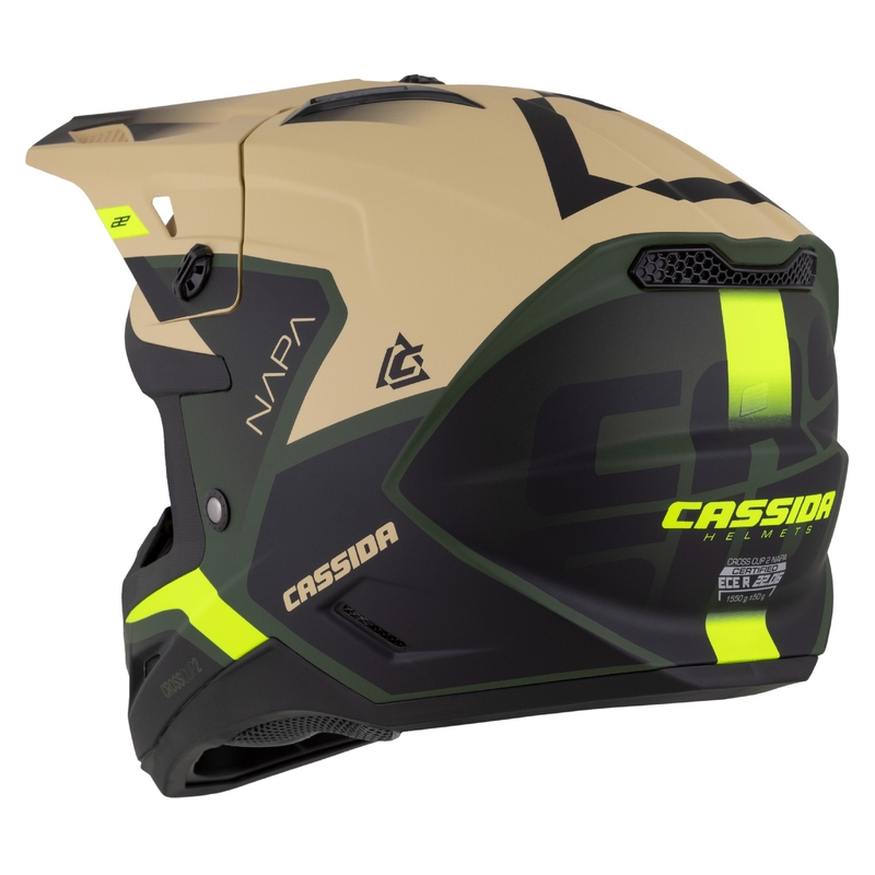 Cassida Cross Cup 2 Napa motokrossz bukósisak matt homokos-zöld-fluo sárga-fekete