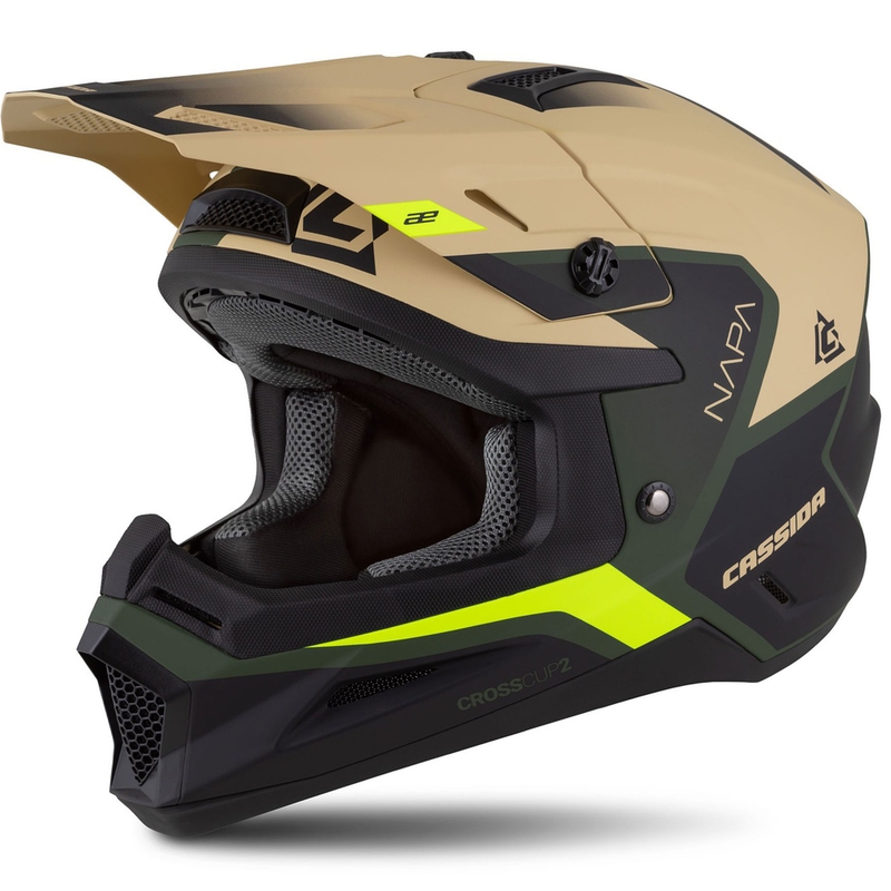 Cassida Cross Cup 2 Napa motokrossz bukósisak matt homokos-zöld-fluo sárga-fekete