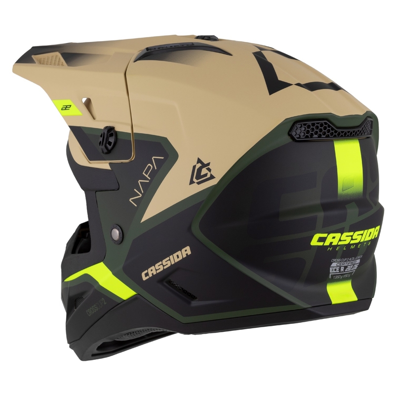 Cassida Cross Cup 2 Napa gyerek motokrossz bukósisak matt homokos-zöld-fluo sárga-fekete