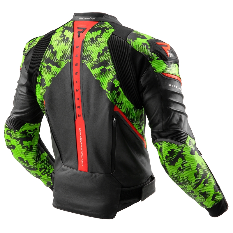 Rebelhorn Veloce motoros bőrkabát fekete-camo zölt-fluo piros