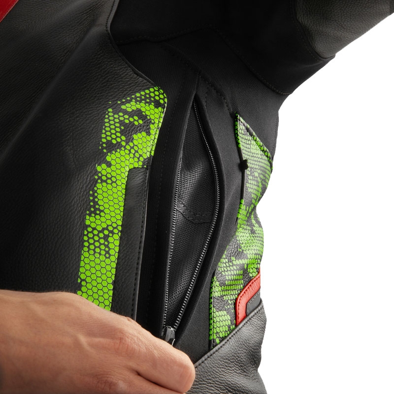 Rebelhorn Veloce motoros bőrkabát fekete-camo zölt-fluo piros