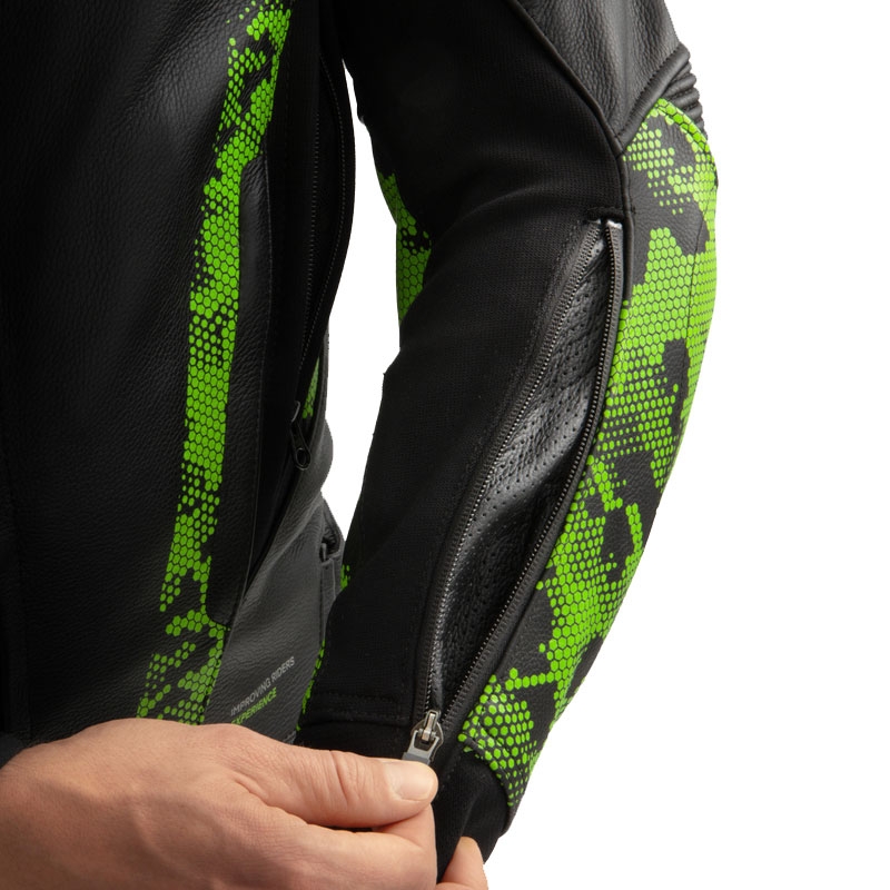 Rebelhorn Veloce motoros bőrkabát fekete-camo zölt-fluo piros