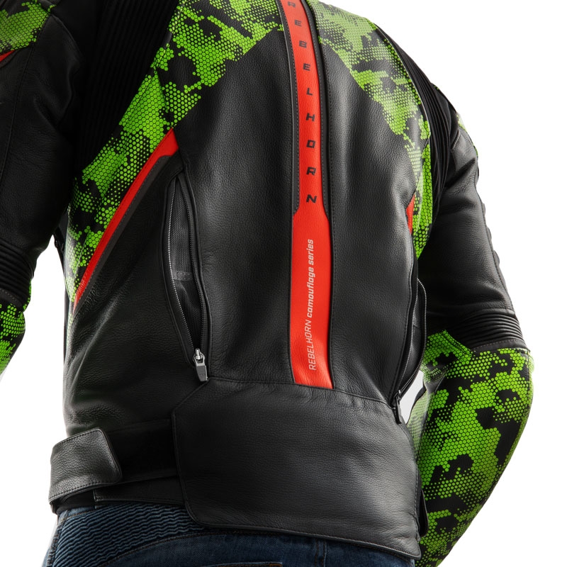 Rebelhorn Veloce motoros bőrkabát fekete-camo zölt-fluo piros