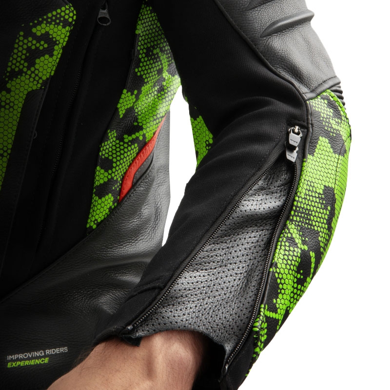 Rebelhorn Veloce motoros bőrkabát fekete-camo zölt-fluo piros