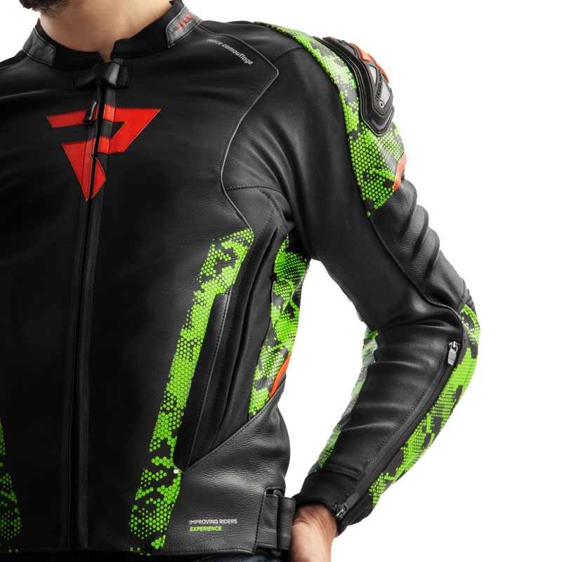 Rebelhorn Veloce motoros bőrkabát fekete-camo zölt-fluo piros