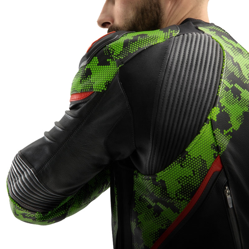 Rebelhorn Veloce motoros bőrkabát fekete-camo zölt-fluo piros