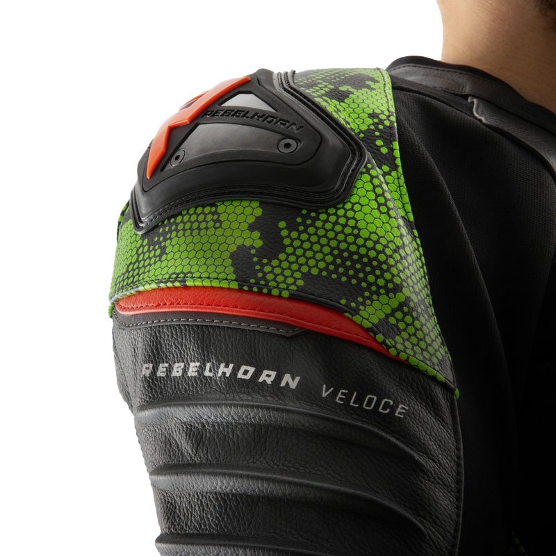 Rebelhorn Veloce motoros bőrkabát fekete-camo zölt-fluo piros