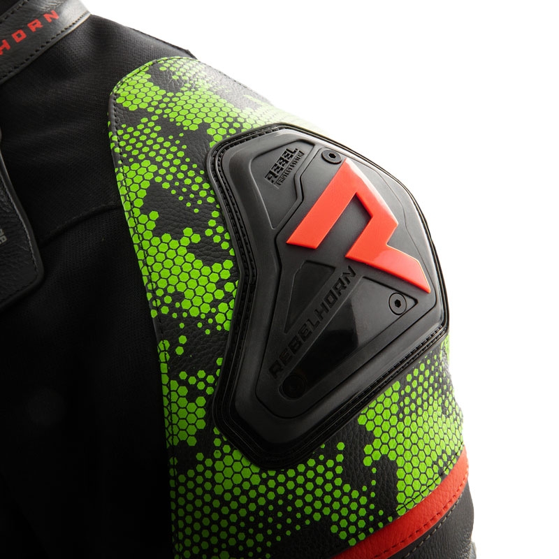 Rebelhorn Veloce motoros bőrkabát fekete-camo zölt-fluo piros
