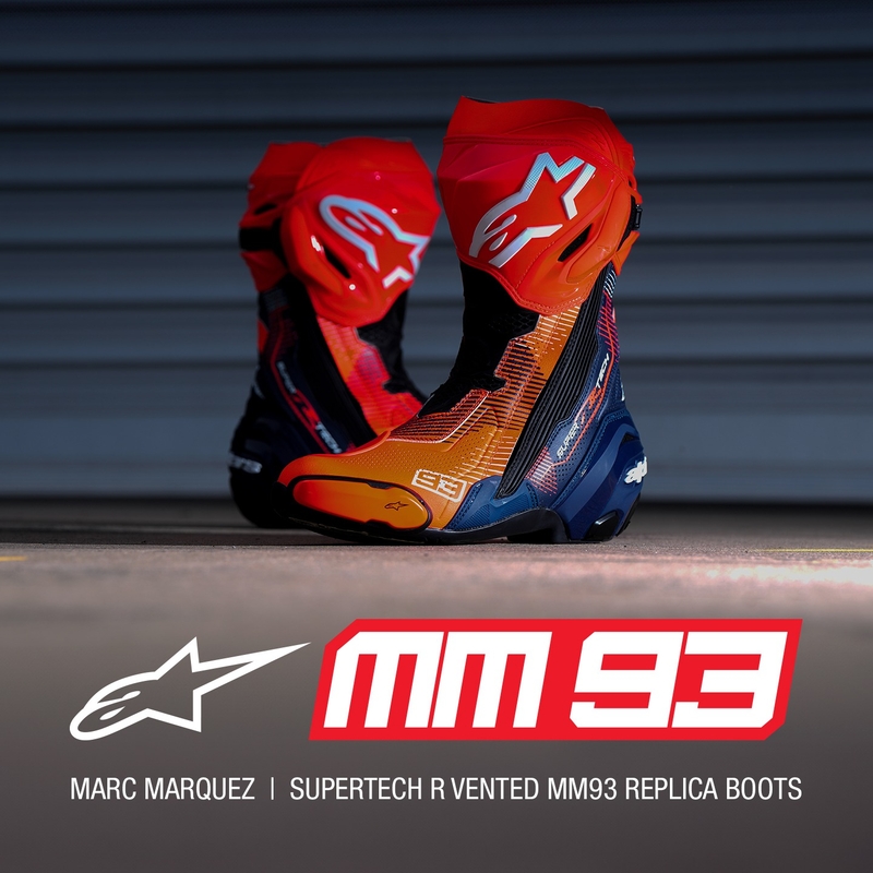Alpinestars Supertech R Vented limitált kiadású MM93 Marc Marquez motoros csizma fluo piros-kék-fekete