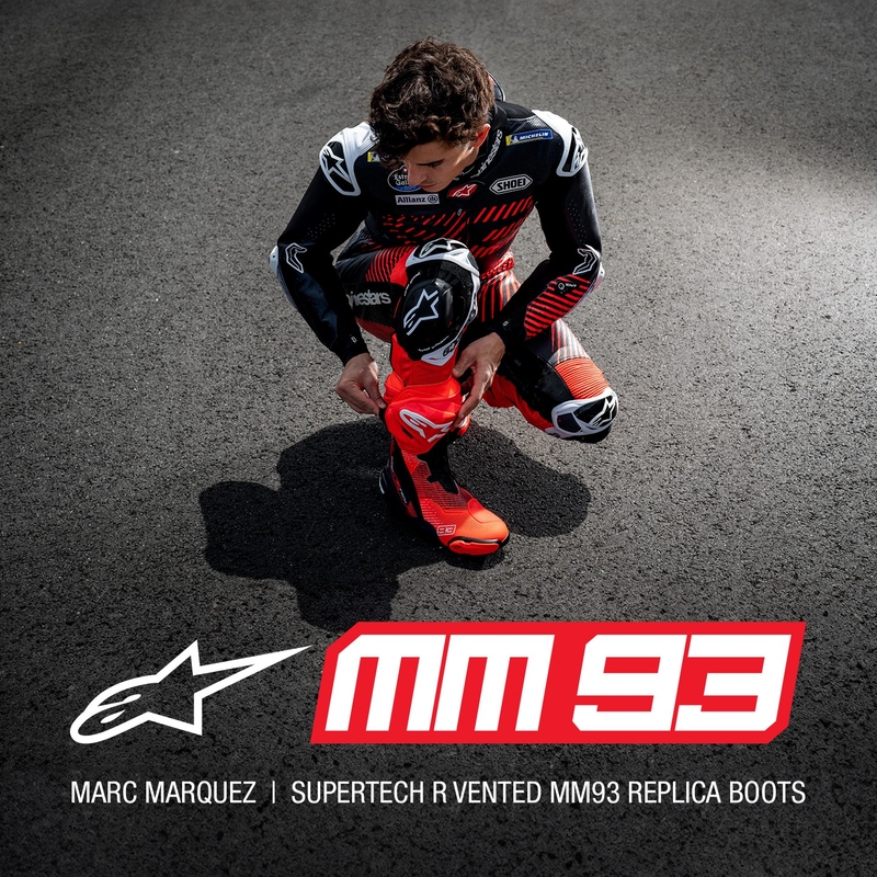 Alpinestars Supertech R Vented limitált kiadású MM93 Marc Marquez motoros csizma fluo piros-kék-fekete