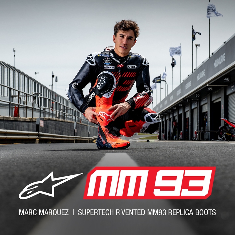 Alpinestars Supertech R Vented limitált kiadású MM93 Marc Marquez motoros csizma fluo piros-kék-fekete