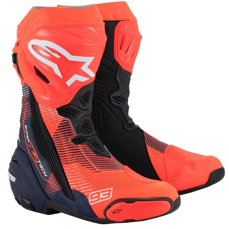 Alpinestars Supertech R Vented limitált kiadású MM93 Marc Marquez motoros csizma fluo piros-kék-fekete