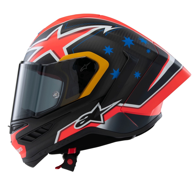 Alpinestars Supertech R10 limitált kiadású Jack Miller zárt motoros bukósisak matt szénpiros-kék-sárga-fehér