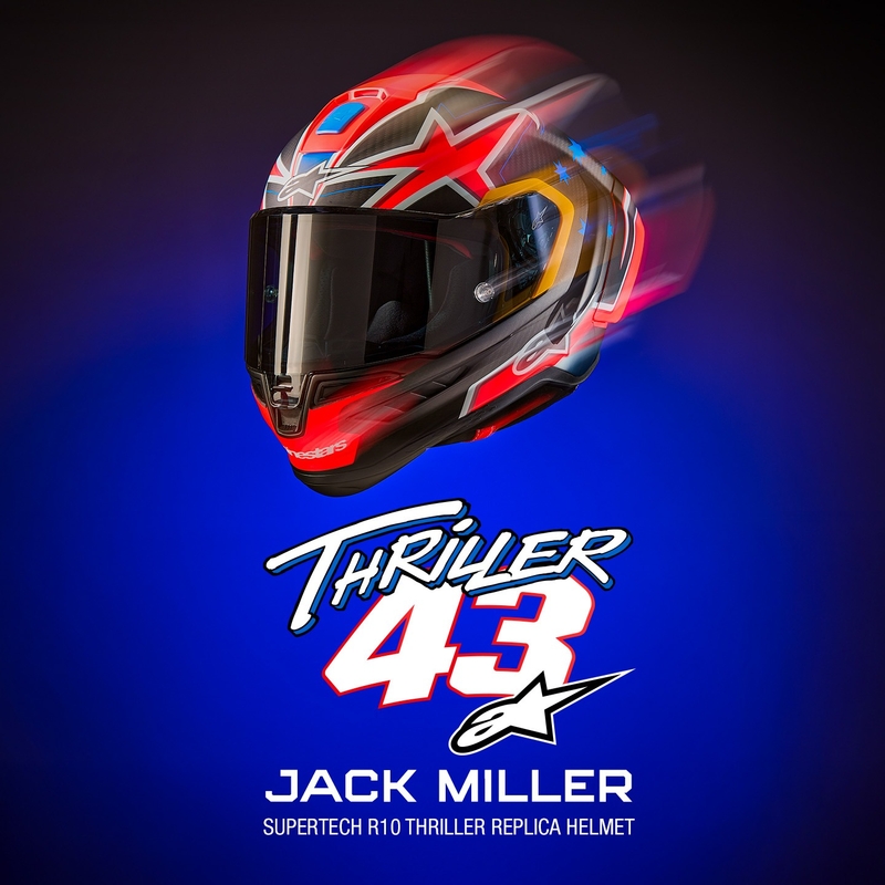 Alpinestars Supertech R10 limitált kiadású Jack Miller zárt motoros bukósisak matt szénpiros-kék-sárga-fehér