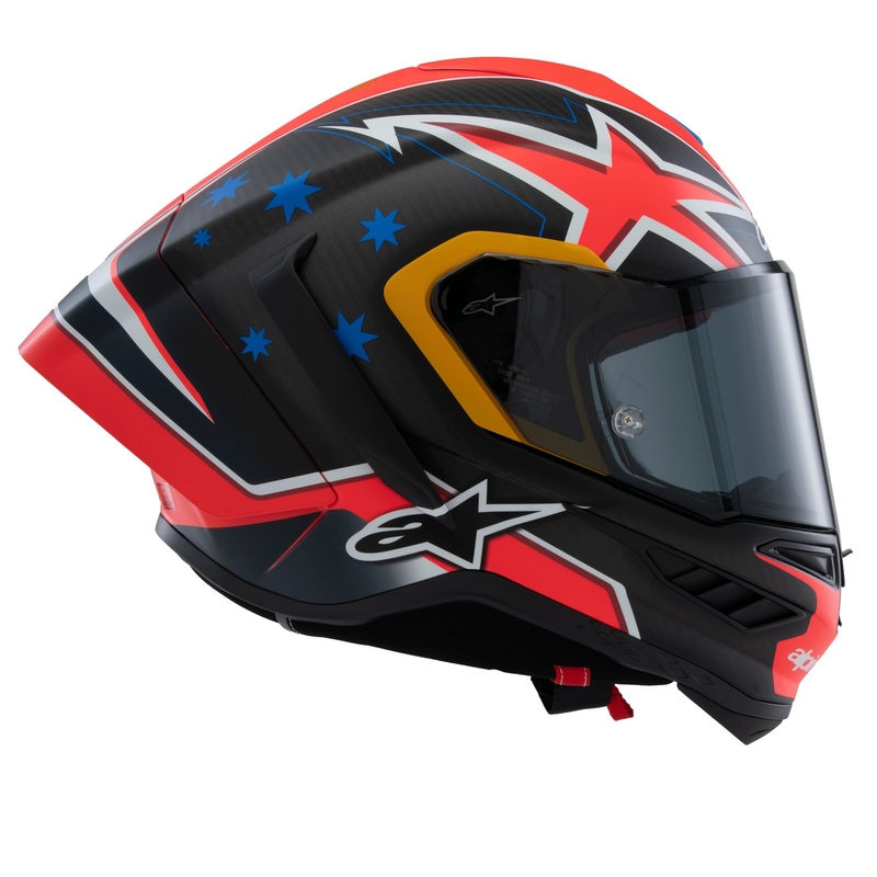 Alpinestars Supertech R10 limitált kiadású Jack Miller zárt motoros bukósisak matt szénpiros-kék-sárga-fehér