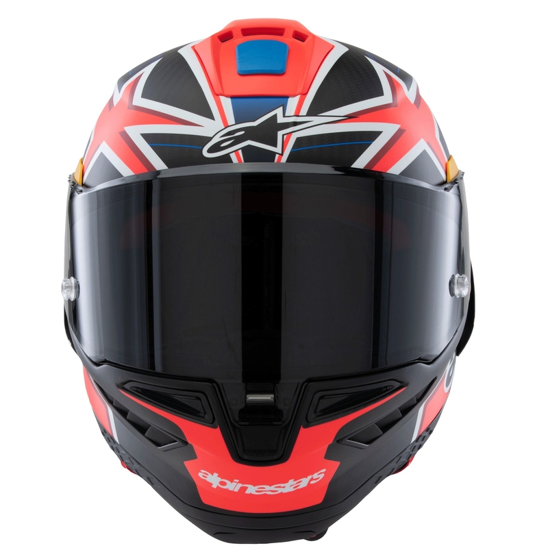 Alpinestars Supertech R10 limitált kiadású Jack Miller zárt motoros bukósisak matt szénpiros-kék-sárga-fehér