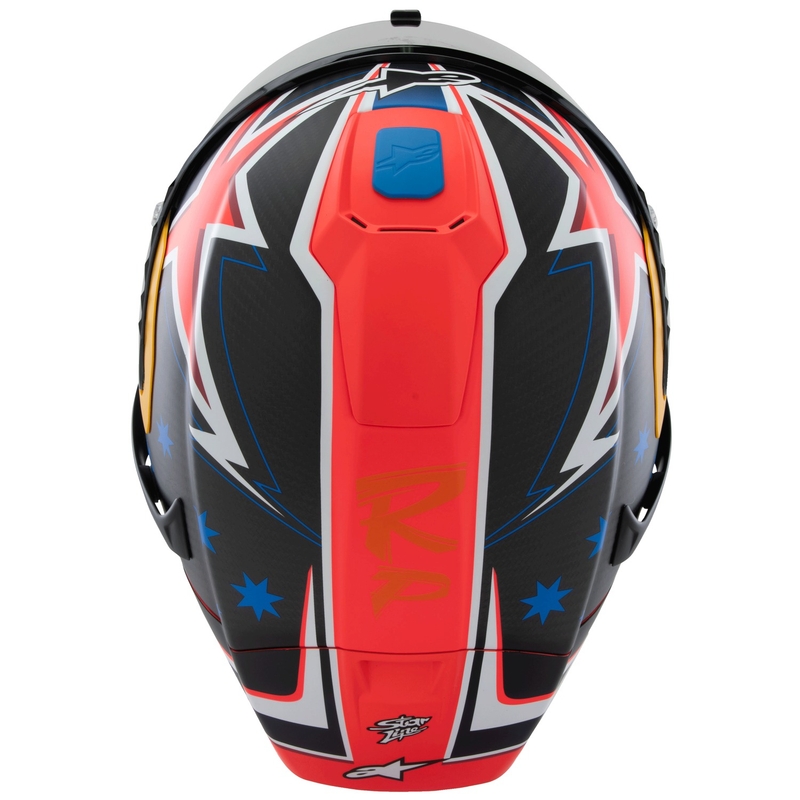 Alpinestars Supertech R10 limitált kiadású Jack Miller zárt motoros bukósisak matt szénpiros-kék-sárga-fehér