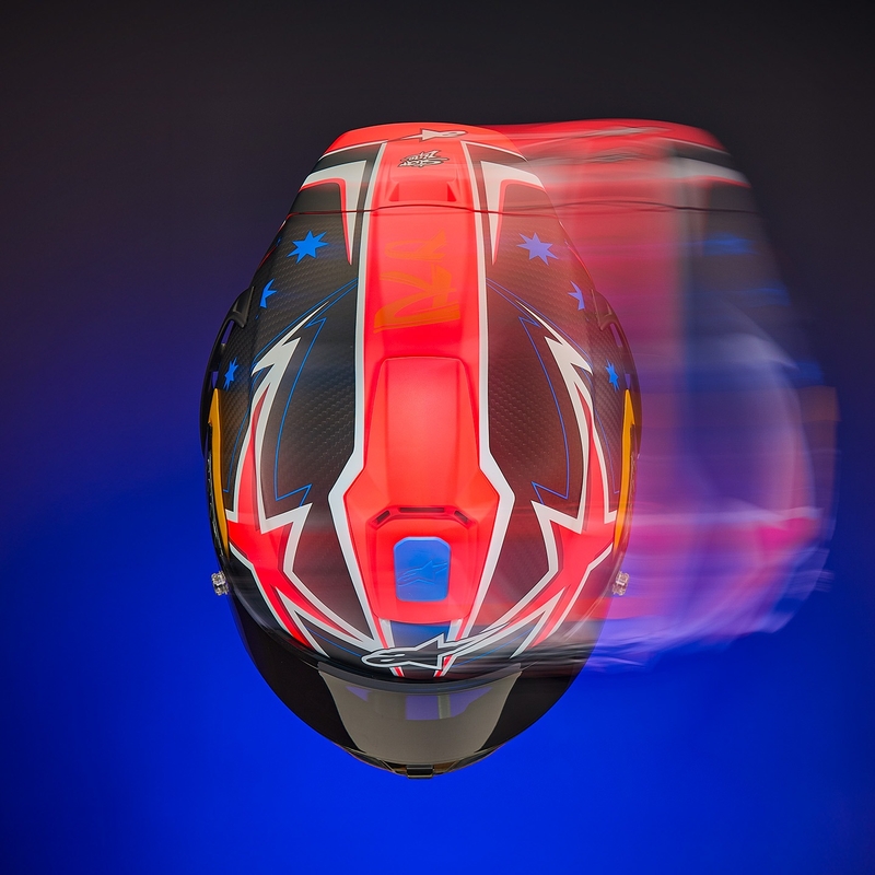 Alpinestars Supertech R10 limitált kiadású Jack Miller zárt motoros bukósisak matt szénpiros-kék-sárga-fehér