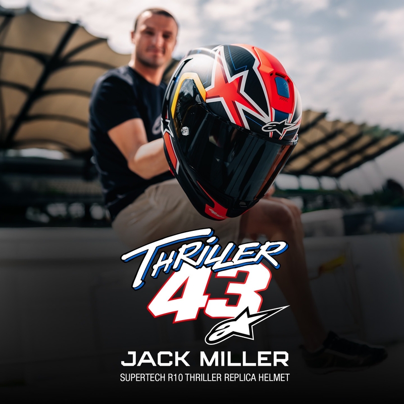 Alpinestars Supertech R10 limitált kiadású Jack Miller zárt motoros bukósisak matt szénpiros-kék-sárga-fehér