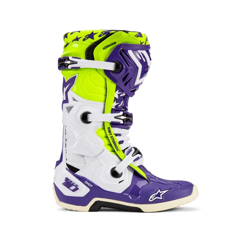 Alpinestars TECH 10 Dirt Studios limitált kiadású motokrossz csizma lila-fehér-fluo sárga