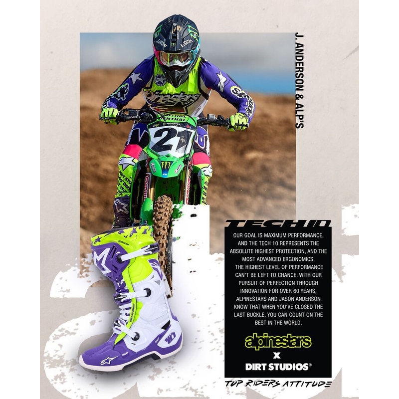 Alpinestars TECH 10 Dirt Studios limitált kiadású motokrossz csizma lila-fehér-fluo sárga