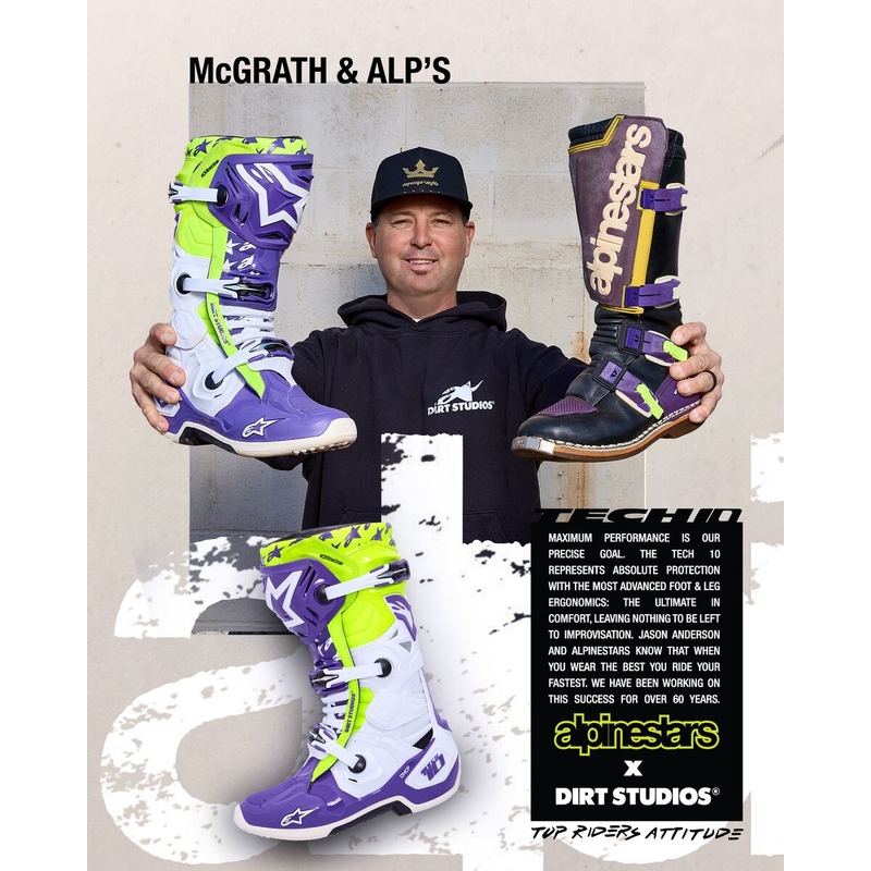 Alpinestars TECH 10 Dirt Studios limitált kiadású motokrossz csizma lila-fehér-fluo sárga