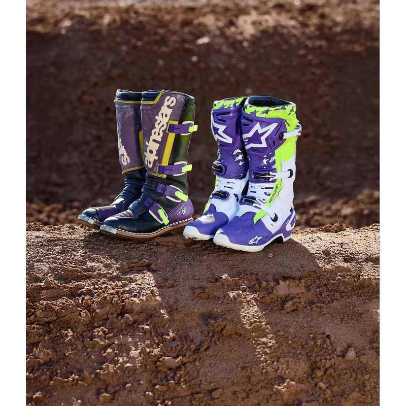 Alpinestars TECH 10 Dirt Studios limitált kiadású motokrossz csizma lila-fehér-fluo sárga