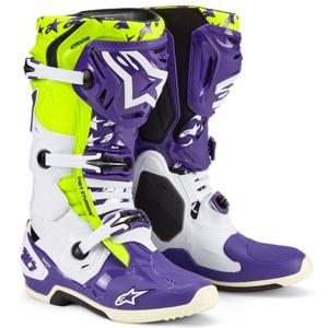Alpinestars TECH 10 Dirt Studios limitált kiadású motokrossz csizma lila-fehér-fluo sárga