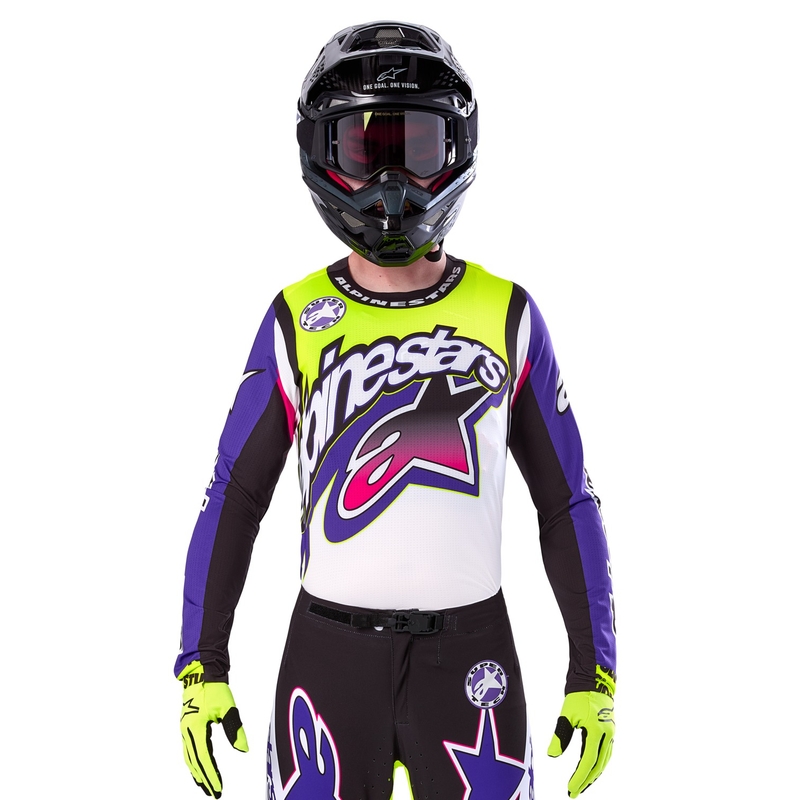 Alpinestars Supertech SX Dirt Studios limitált kiadású motokrossz mez fehér-lila-rózsaszín-fluo sárga