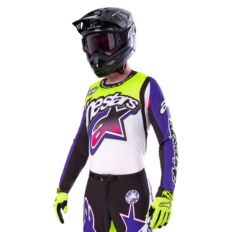 Alpinestars Supertech SX Dirt Studios limitált kiadású motokrossz mez fehér-lila-rózsaszín-fluo sárga
