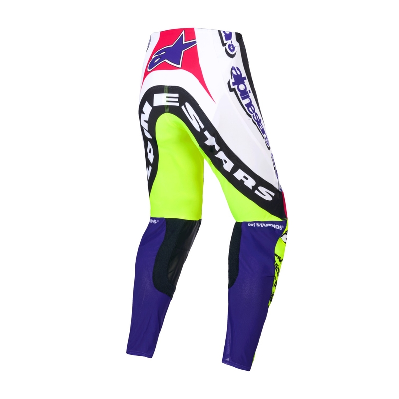 Alpinestars Supertech Dirt Studios limitált kiadású motokrossz nadrág fehér-lila-rózsaszín-fluo sárga